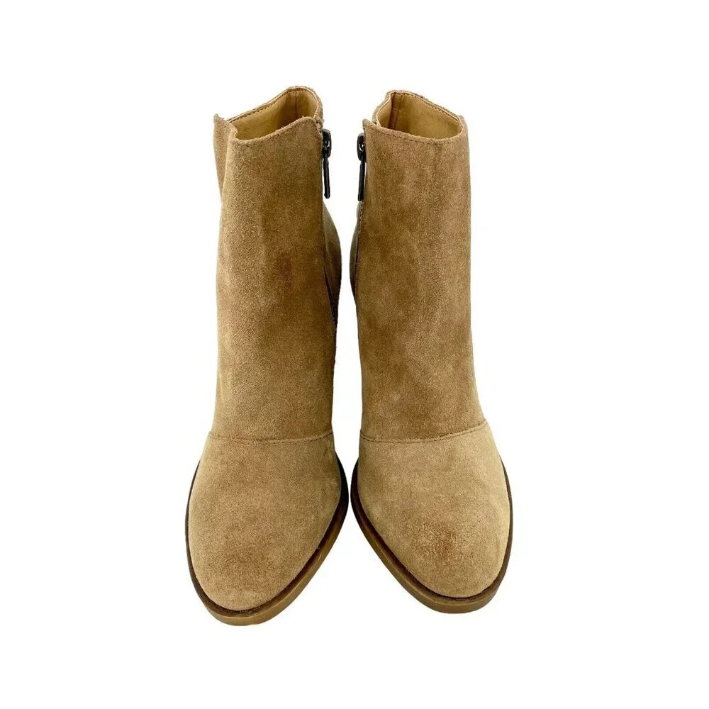 Lucky Brand Boots Suede Embroidered Ankle Boots Tan Heel Leather SZ 6 New